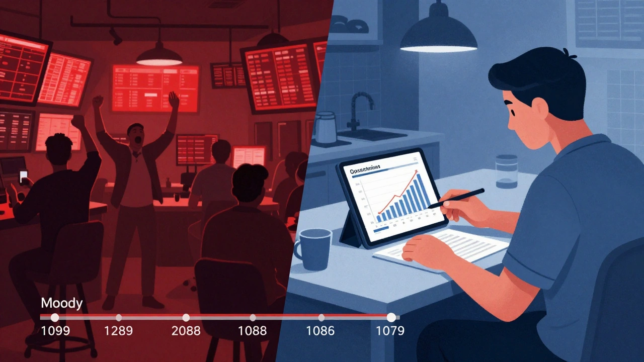 Contrasting scenes: chaotic trading floor versus a person calmly reviewing portfolio growth at home.