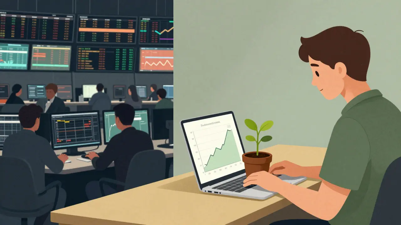 Contrasting scenes: chaotic trading floor vs. calm person nurturing a growing plant.