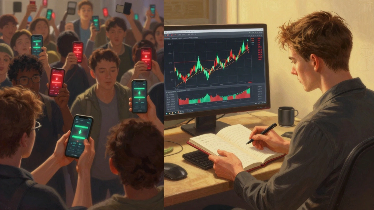 Contrasting scenes of chaotic trading vs. calm, disciplined trading with volume and RSI confirmation.