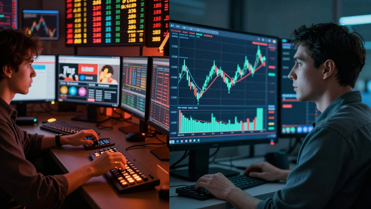 Contrasting scenes of emotional trading chaos versus disciplined technical analysis.