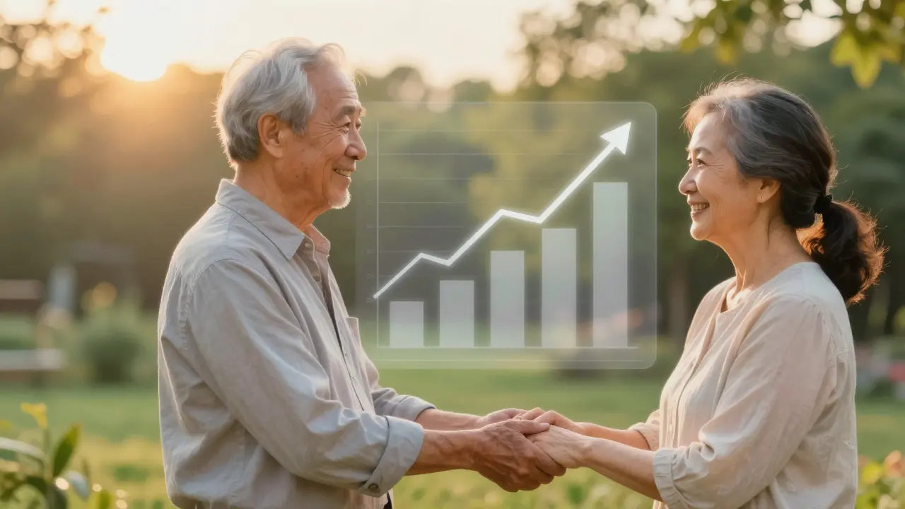 Elderly couple in garden with transparent retirement growth graph behind them at sunset.
