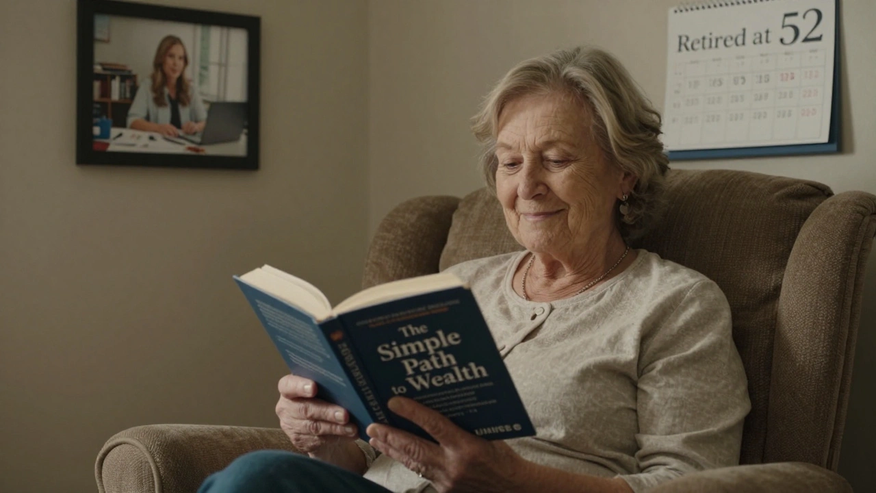 Elderly woman smiling in armchair, retired at 52, reading about simple wealth building