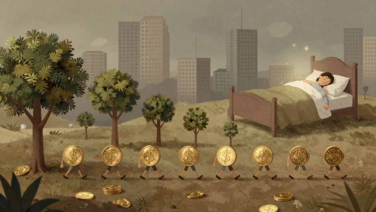 Golden coins with tiny limbs marching through a landscape representing compound interest at work.