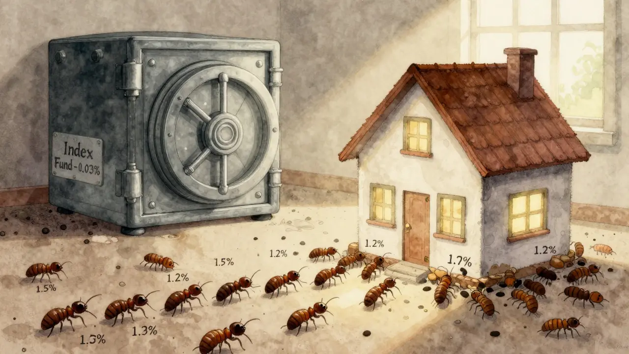 House slowly destroyed by fee-labeled termites versus secure index fund vault