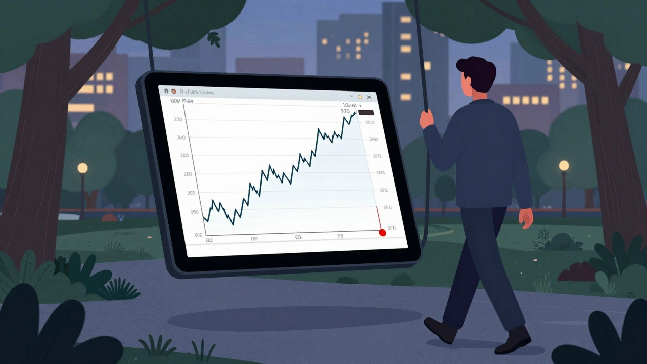 Person walking in a park observing a stock chart on a tablet, showing an upward trend with a stop-loss marker.