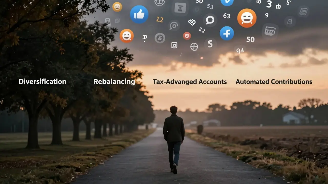 Person walking peacefully along investment path as financial chaos fades behind