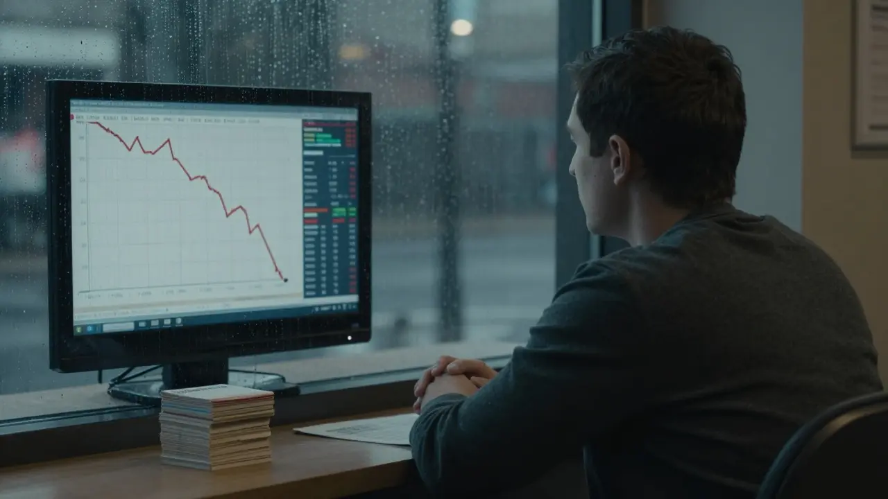 Someone calmly watching a market crash on TV during rain, with investment contributions nearby.