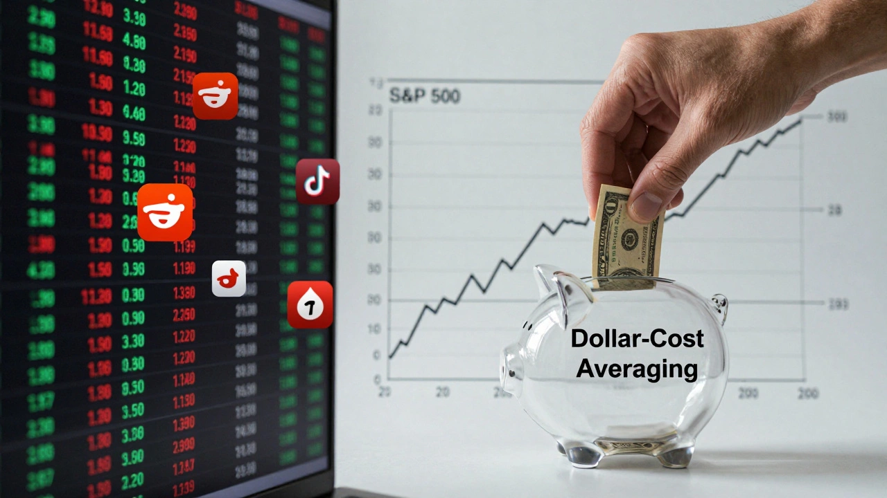 Split image: chaotic stock charts with social media icons on one side, steady S&amp;P 500 growth and a piggy bank on the other.