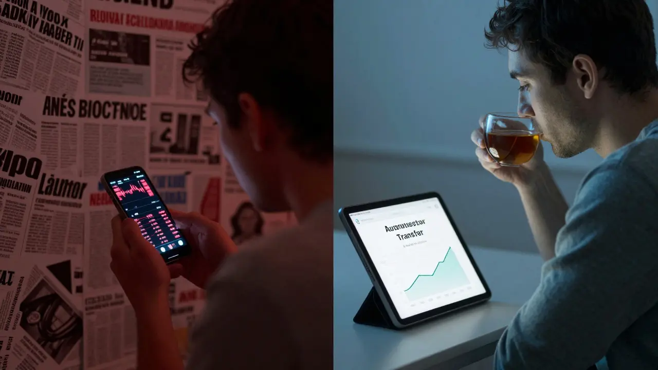 Split image: one side shows stress over falling stocks, the other shows calm with automated investing.