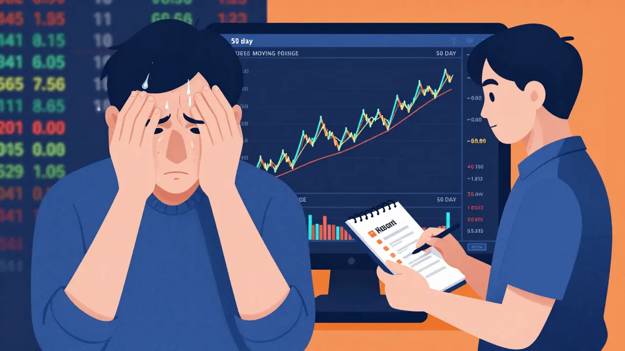 Split image showing emotional trading vs. calm analysis using moving averages and a notebook.