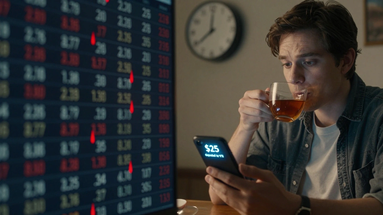 Split scene: anxious stock watcher vs. calm investor with automated deposit notification.