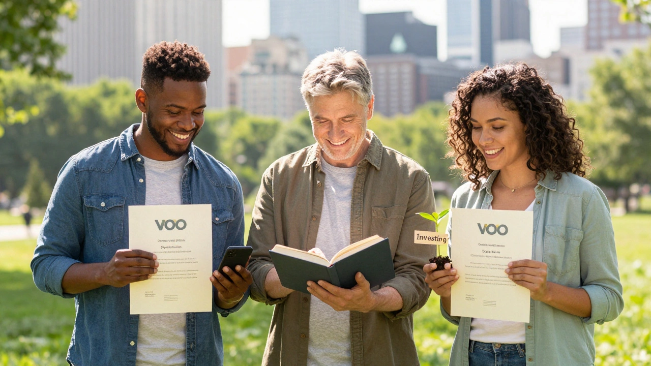 Three people holding index fund certificates in a park, one checking a phone, another reading, and a third planting a tree.