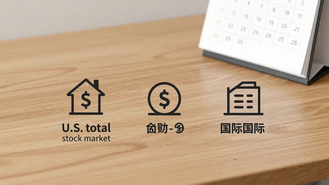 Three simple investment fund icons on a desk with a calendar marked for annual rebalance.
