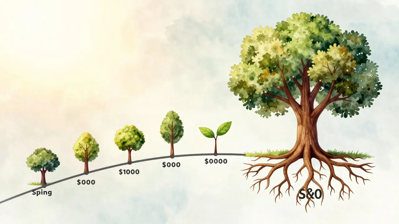 Timeline of monthly investments growing into trees over seasons, symbolizing compound growth.