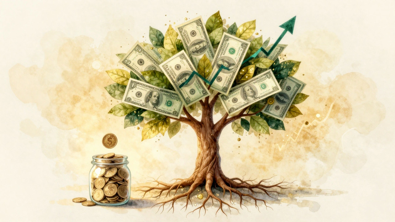 Tree with dollar bill roots and stock chart branches, symbolizing long-term investment growth.