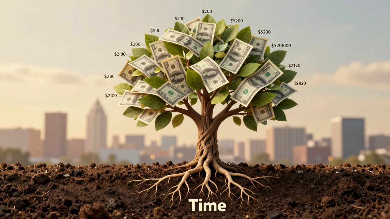 Tree with dollar bill roots growing into time soil, branches labeled with growing wealth