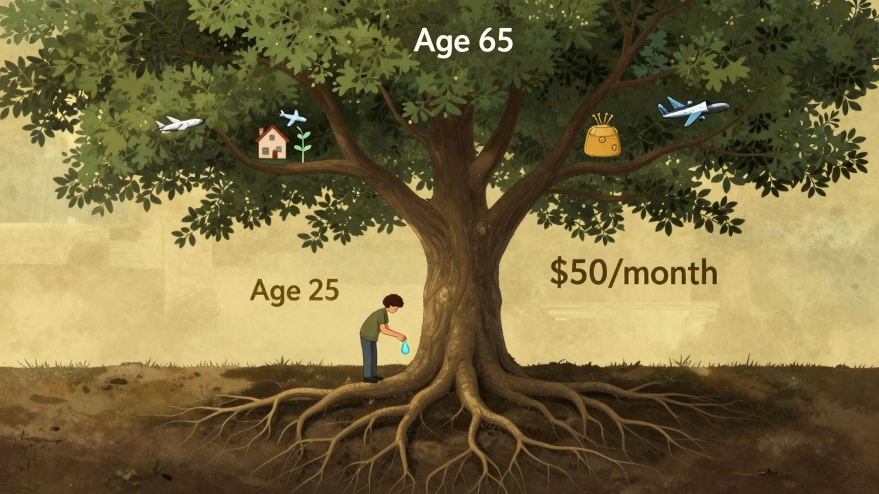 Tree with roots labeled &#039;Age 25&#039; and branches growing to &#039;Age 65&#039;, symbolizing compound investment growth.