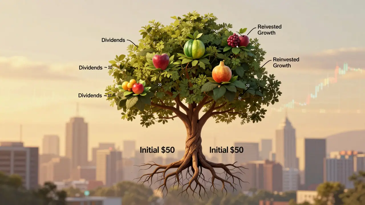 Tree with roots labeled 'Initial ' and branches growing into the sky, symbolizing compound growth over decades.