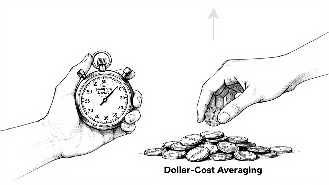 Two hands: one with a fading stopwatch, the other adding a coin to a growing pile.
