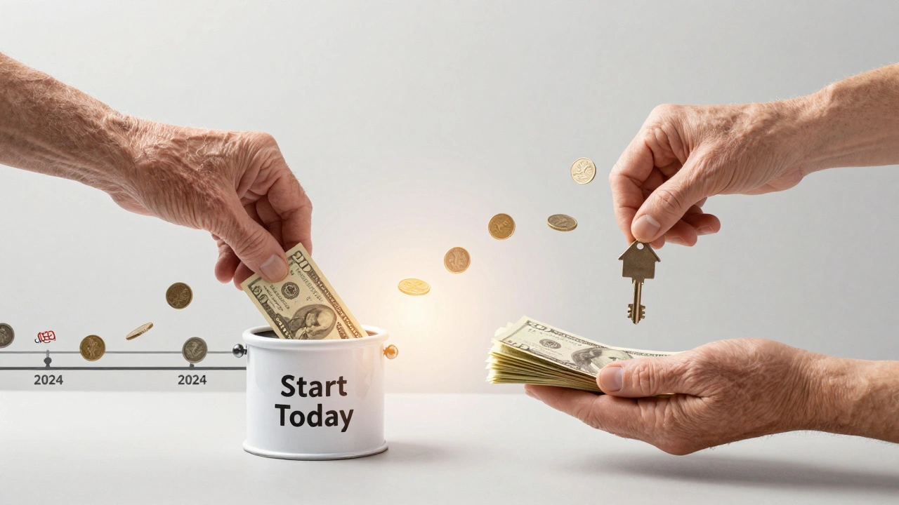 Young and elderly hands connecting across a timeline of investments, symbolizing wealth built over decades.