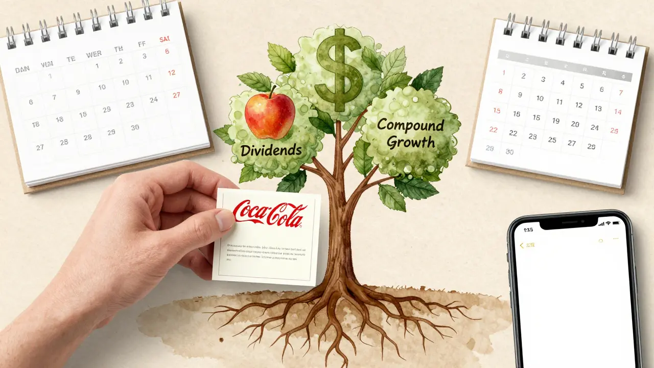 A hand placing a stock certificate into a growing tree symbolizing compound growth and dividends.