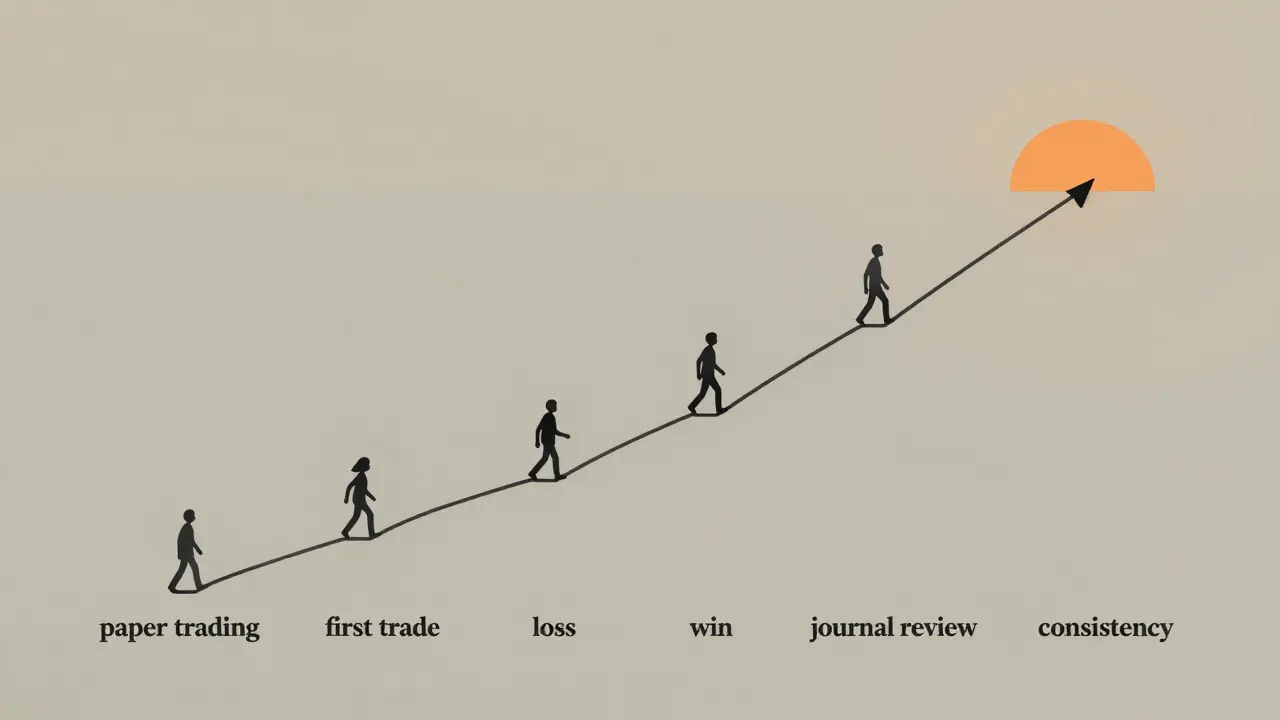 A symbolic path along a stock chart showing steps from learning to consistent trading success.
