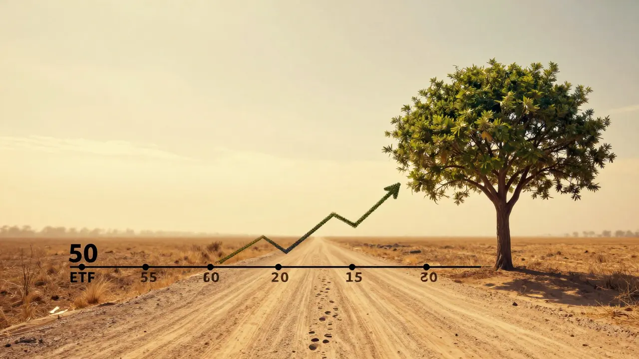A symbolic timeline showing small investments growing into a tree representing long-term wealth.