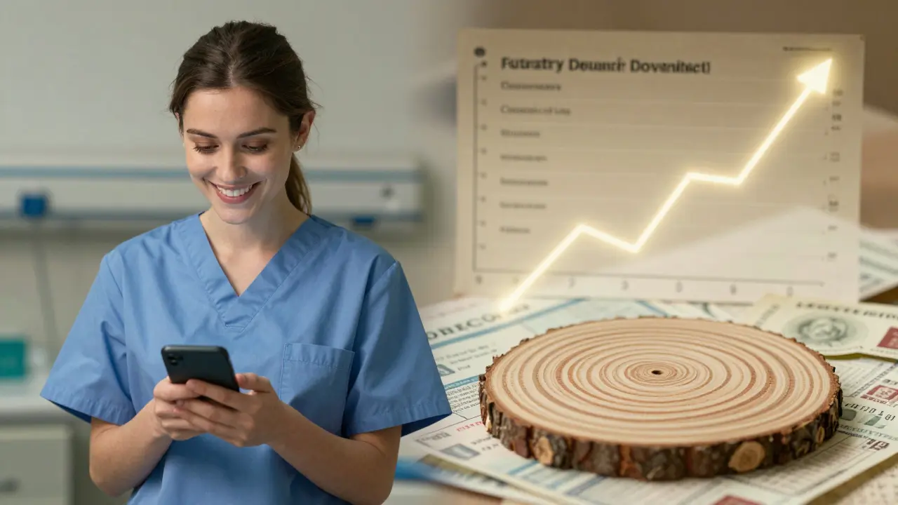 A woman receiving a dividend notification, with historical stock certificates growing like tree rings beside her.
