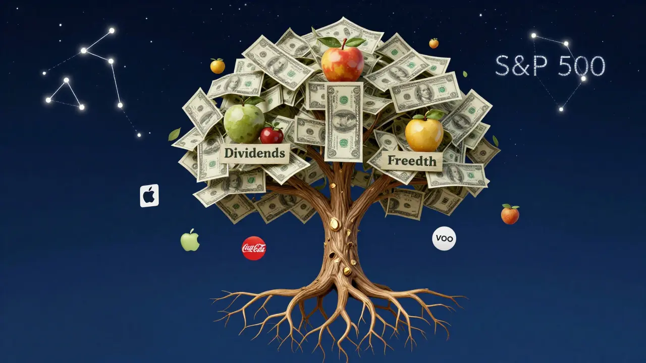 An abstract tree with dollar bill roots and dividend fruit, symbolizing long-term wealth growth through investing.