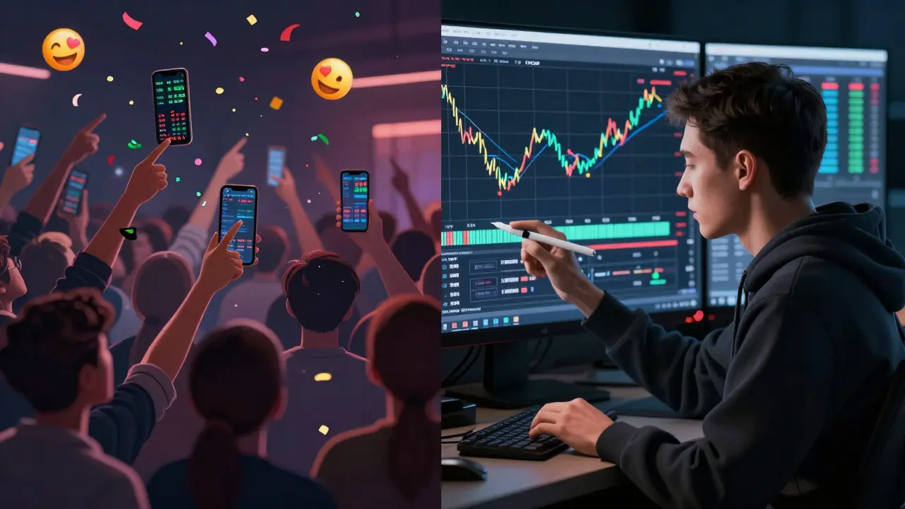 Contrast between chaotic social media trading hype and a calm, disciplined trader analyzing charts.