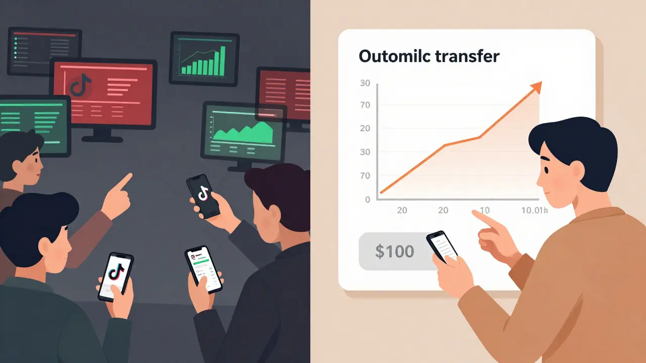 Contrasting chaotic stock hype on one side with calm, consistent investing on the other.