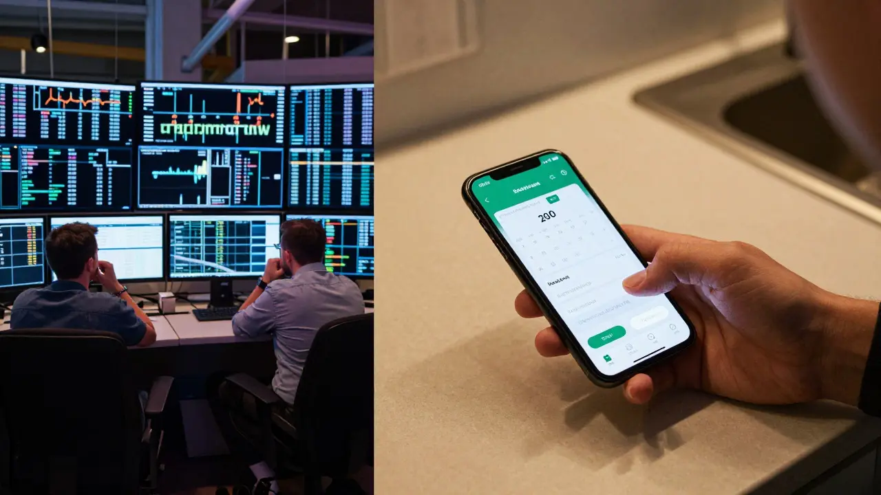 Contrasting scenes: chaotic trading floor vs. quiet person investing monthly from home kitchen.