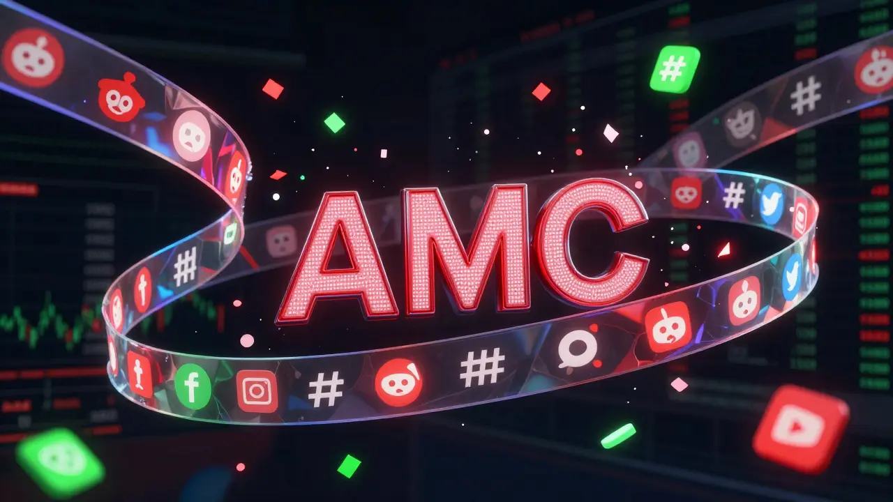 Digital collage of social media feeds and stock tickers merging into meme stock symbols with fractional shares.