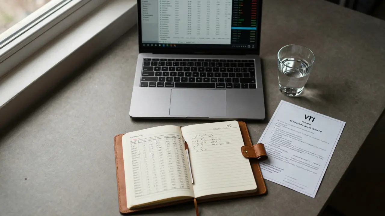 Minimalist trading workspace with laptop, trade journal, and ETF certificate in morning light.