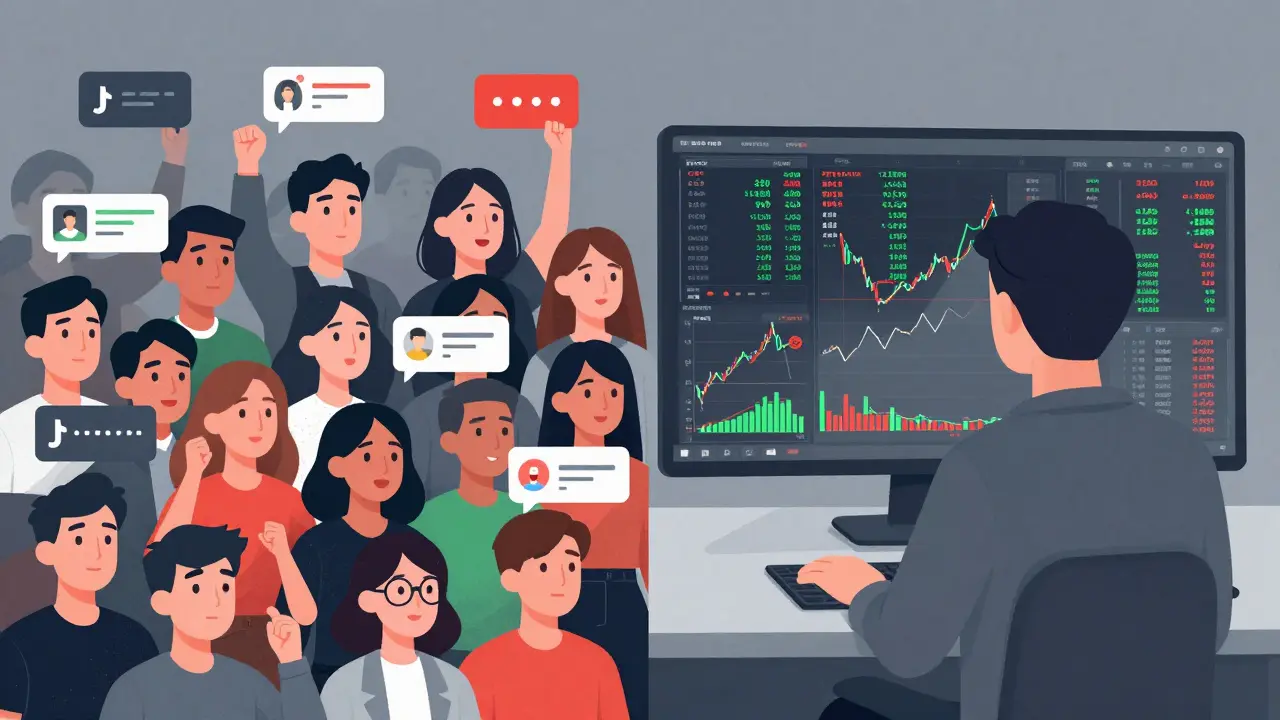 Split-screen contrast: chaotic social media trading vs. calm, data-driven trading with stop-losses and journals.