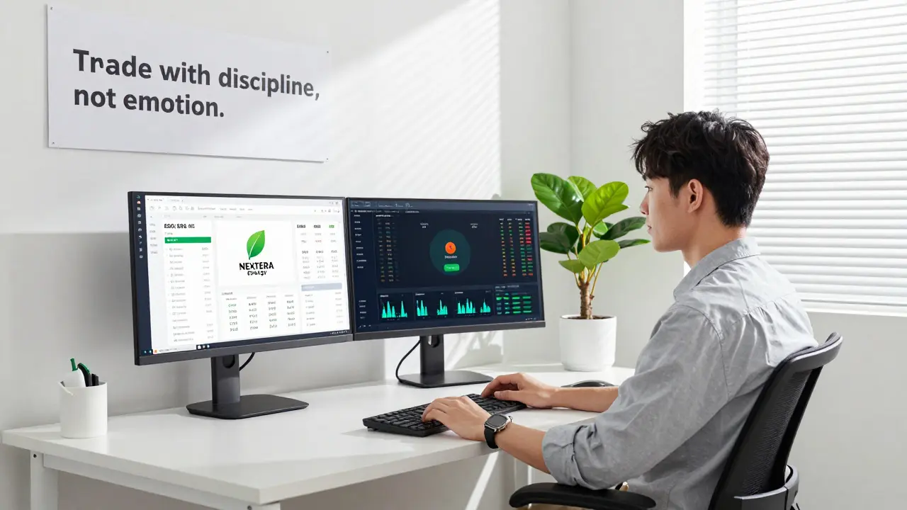 Trader monitoring ESG scores and automated bots with calm focus, sunlight streaming through blinds.