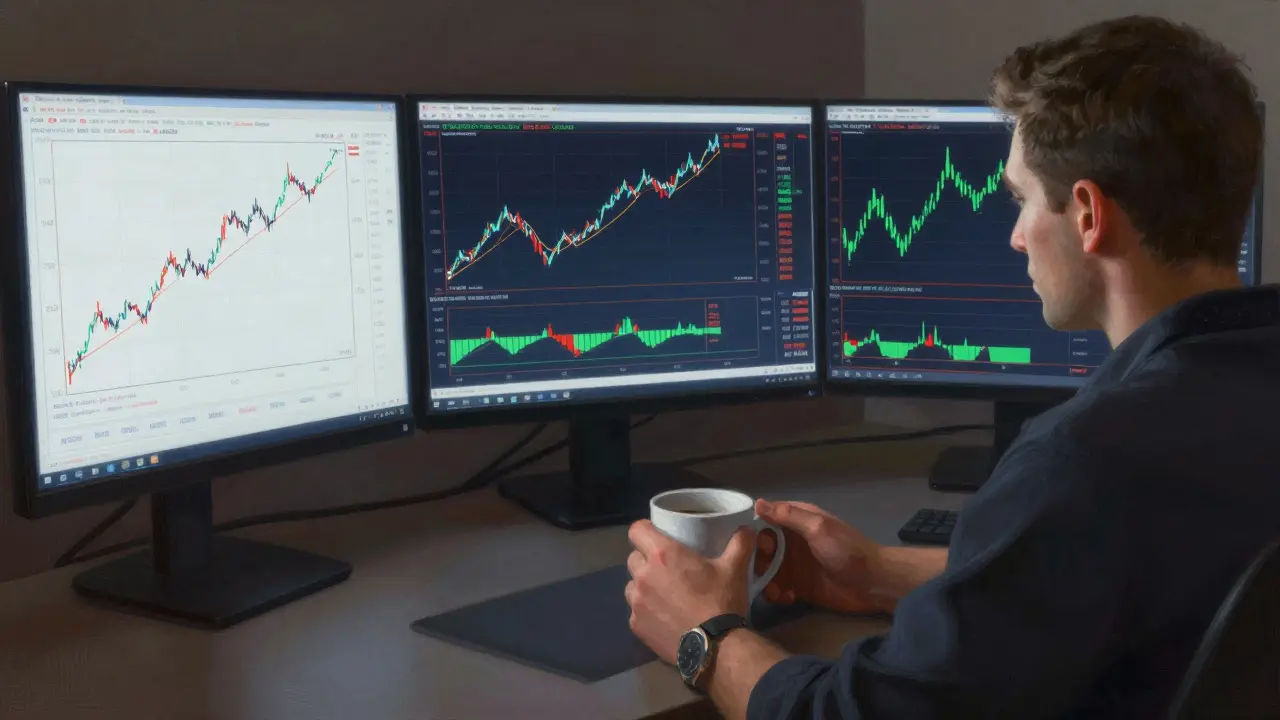 Trader studying three financial charts on monitors in a dimly lit room