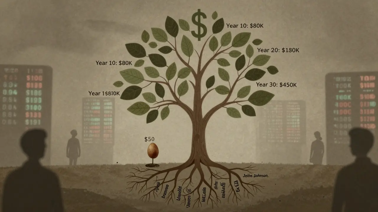 Tree growing from  seed with company roots and dollar sign leaves, milestones on branches.